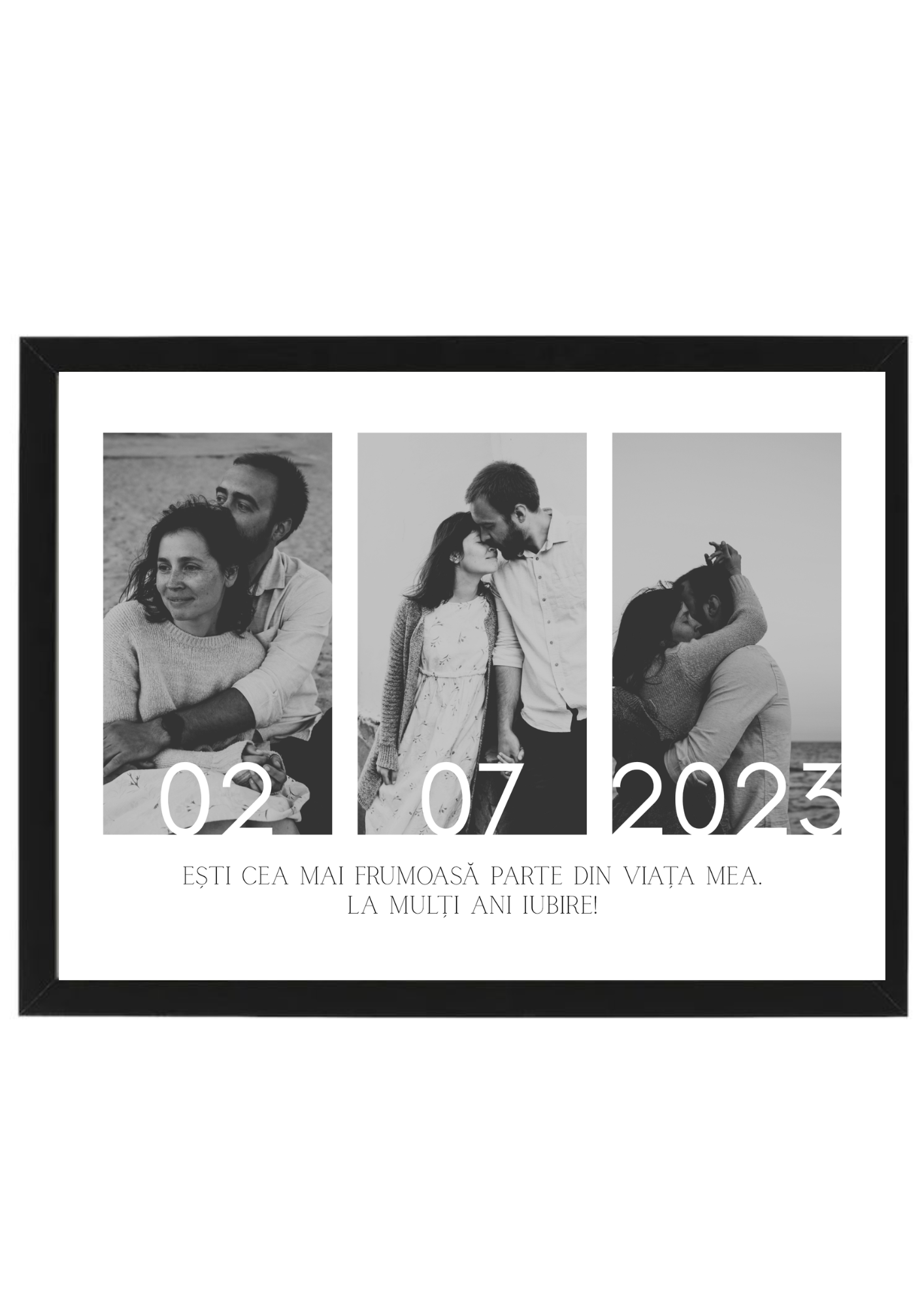 tablou personalizat de cuplu cu 3 poze alb negru și dată – cadou romantic | dinviatata