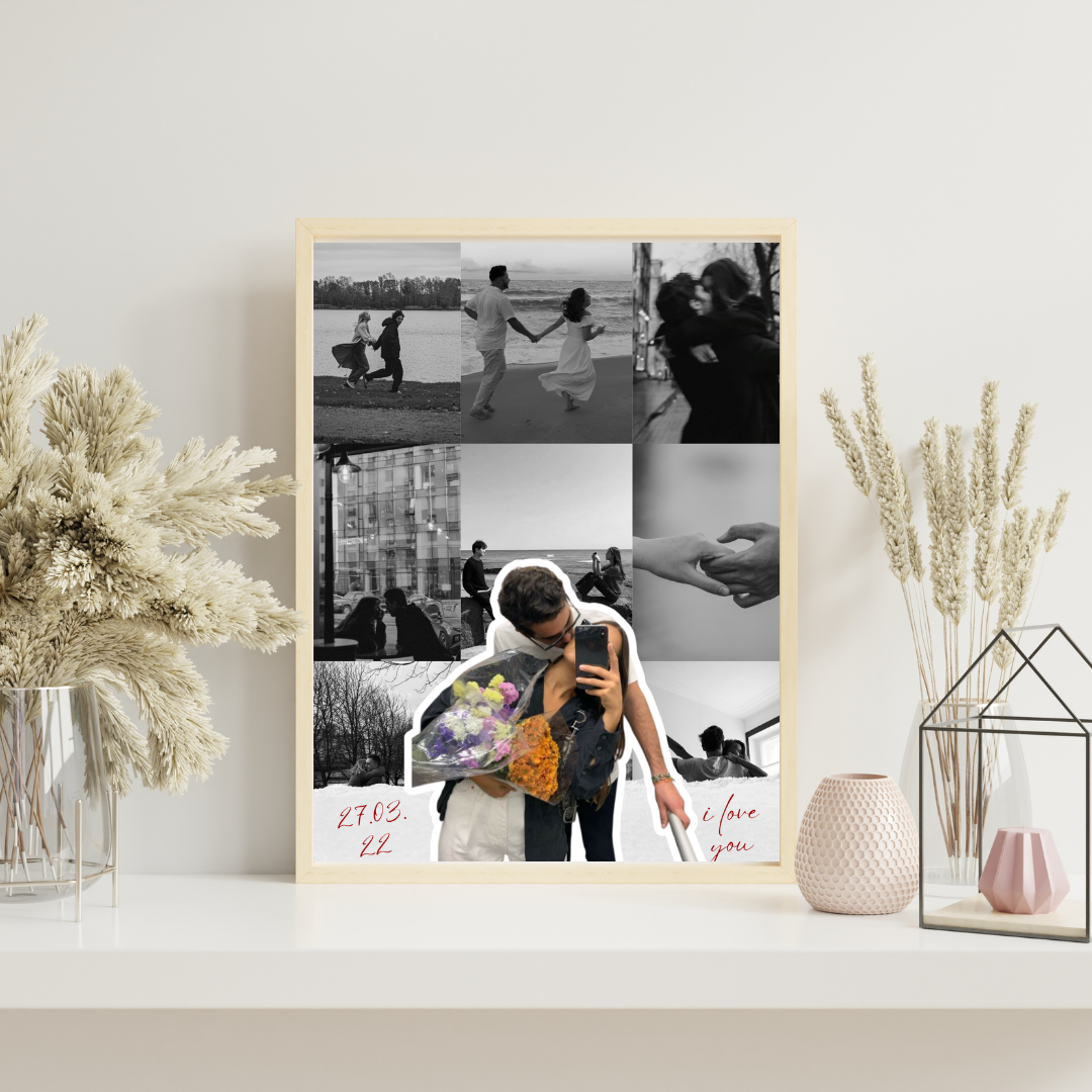 tablou colaj personalizat cuplu – 9 poze alb negru + poză decupată – cadou valentine’s day / aniversare