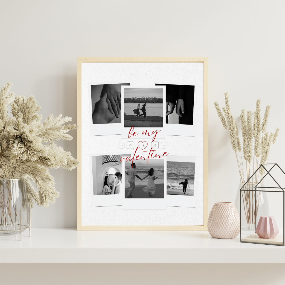 tablou personalizat „be my valentine” – colaj 6 poze alb negru – cadou romantic de valentine’s day