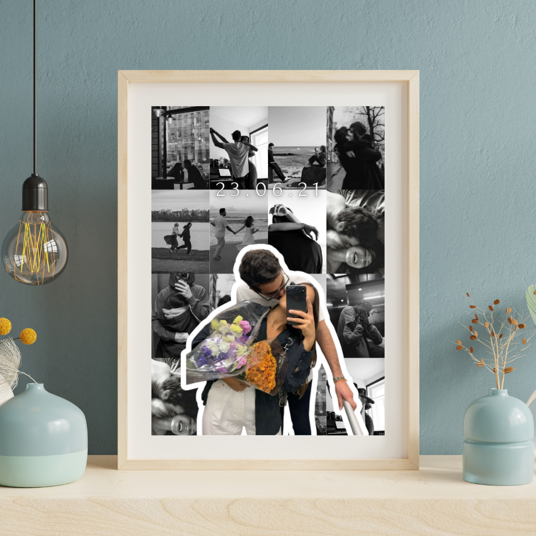 tablou colaj personalizat cuplu – 16 poze alb negru + poză decupată – cadou aniversare / valentine’s day