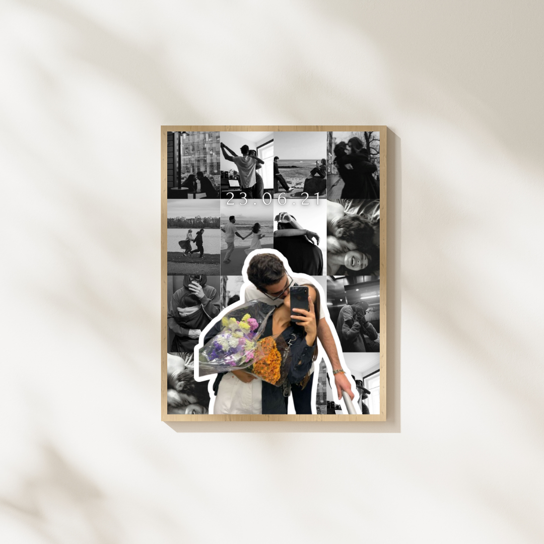 tablou colaj personalizat cuplu – 16 poze alb negru + poză decupată – cadou aniversare / valentine’s day