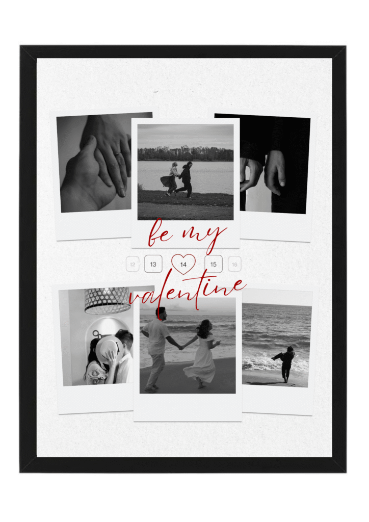 tablou personalizat „be my valentine” – colaj 6 poze alb negru – cadou romantic de valentine’s day
