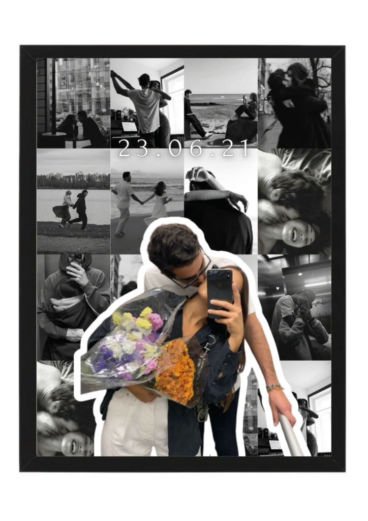 tablou colaj personalizat cuplu – 16 poze alb negru + poză decupată – cadou aniversare / valentine’s day
