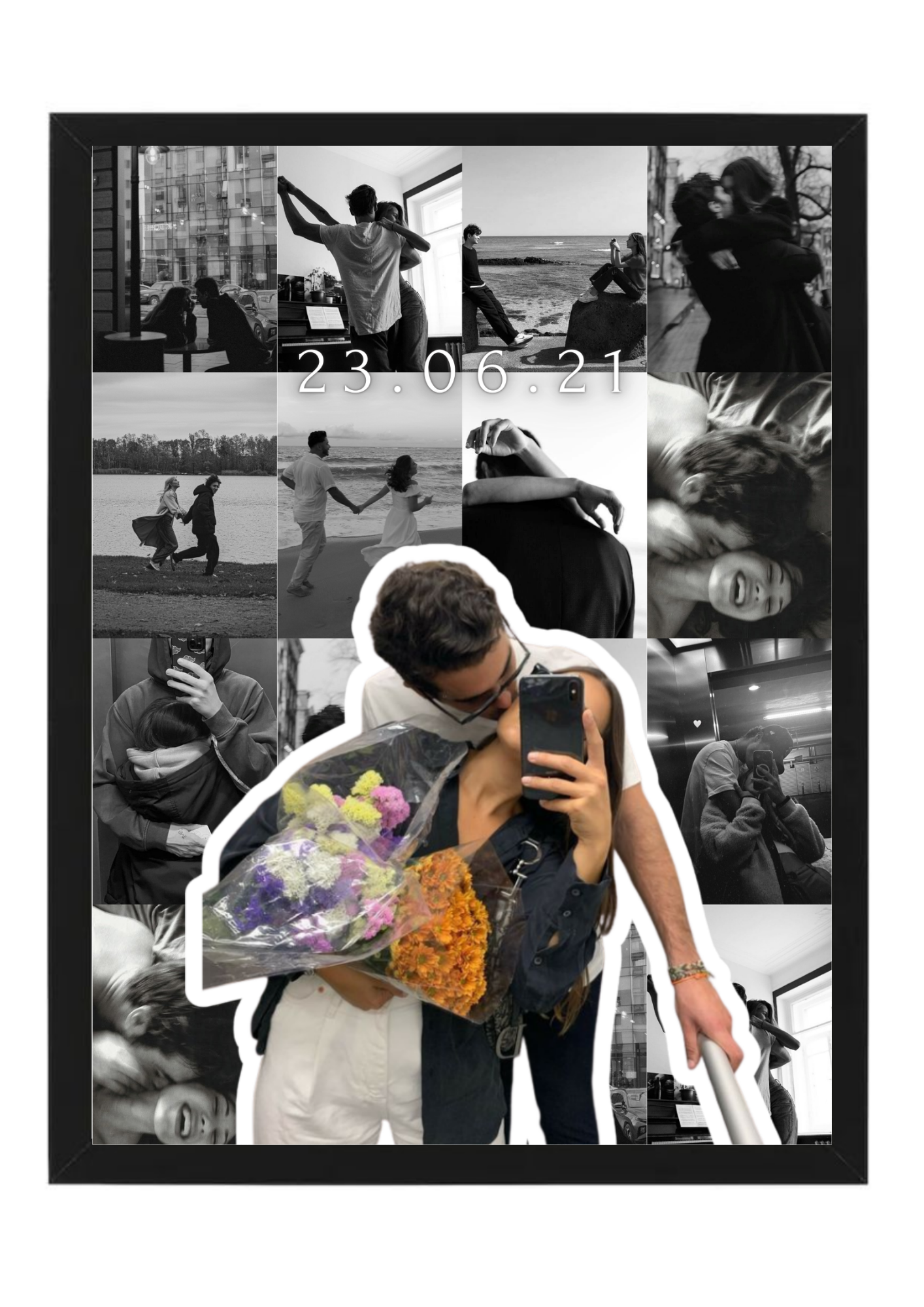 tablou colaj personalizat cuplu – 16 poze alb negru + poză decupată – cadou aniversare / valentine’s day