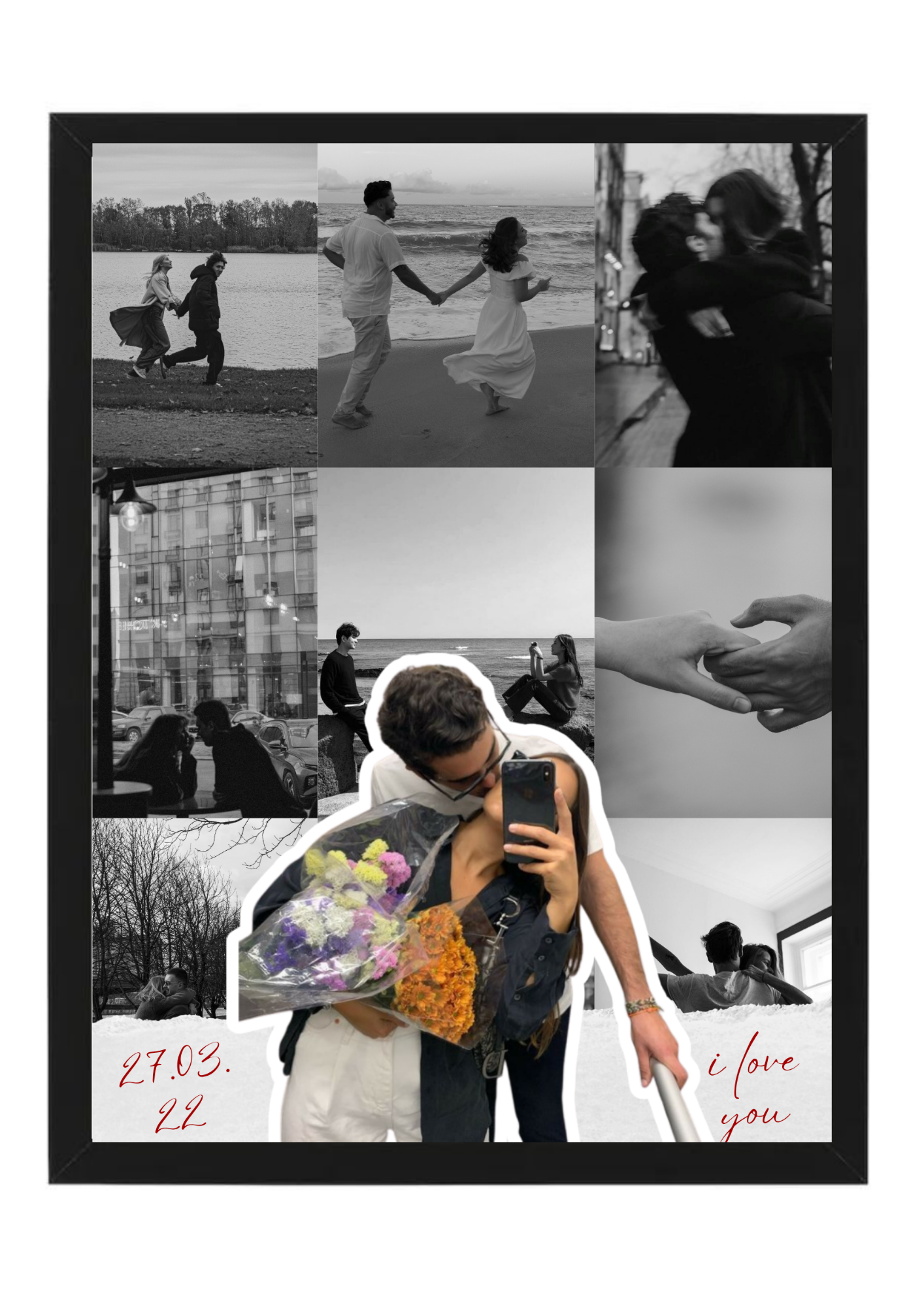 tablou colaj personalizat cuplu – 9 poze alb negru + poză decupată – cadou valentine’s day / aniversare