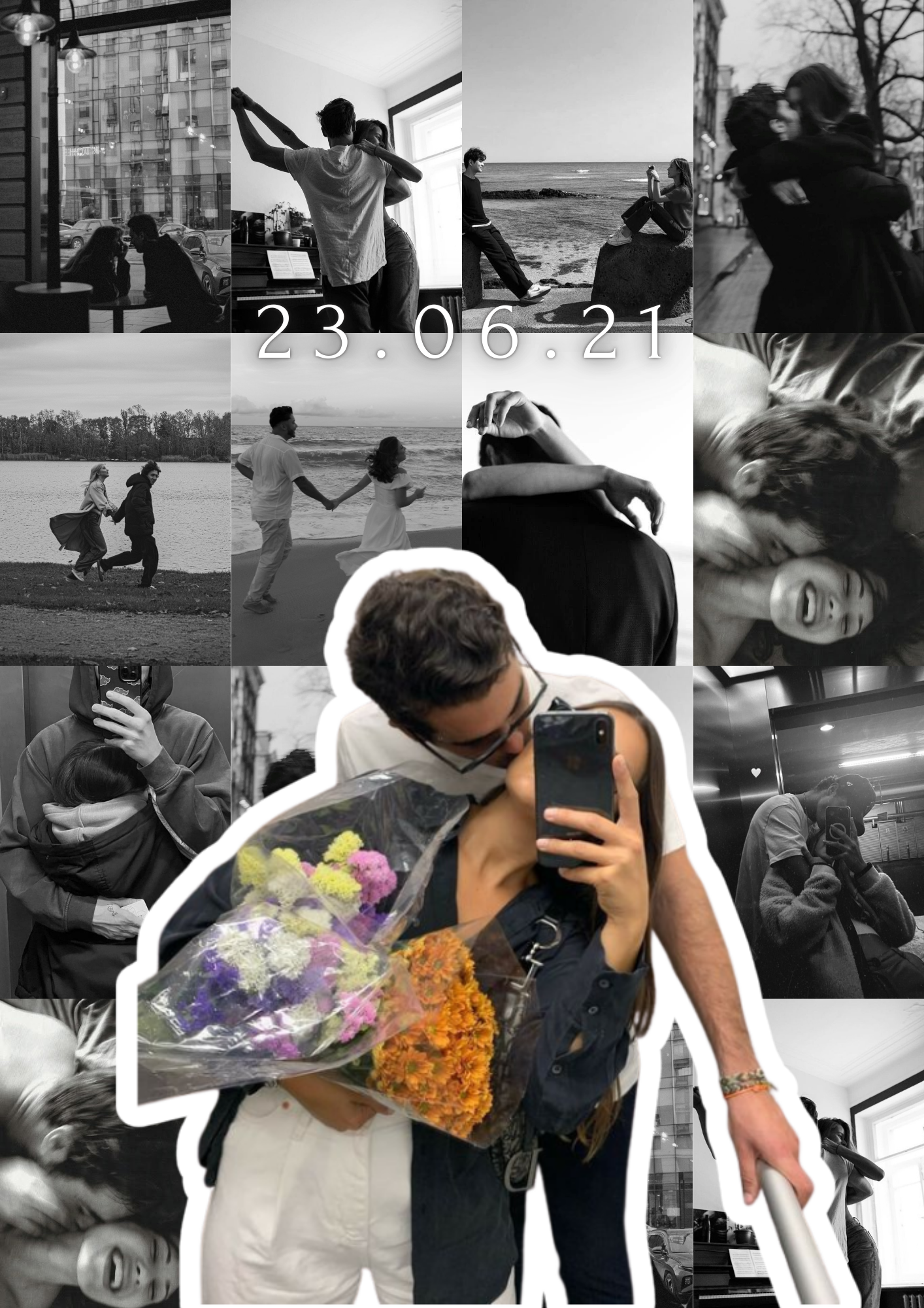 tablou colaj personalizat cuplu – 16 poze alb negru + poză decupată – cadou aniversare / valentine’s day