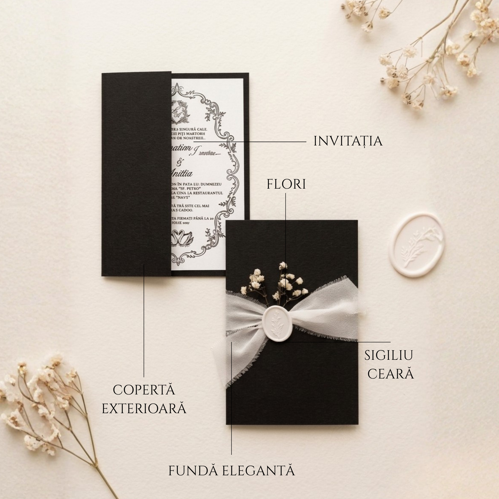 invitație de nuntă black & white cu sigiliu de ceară, fundă și flori naturale uscate dinviatata
