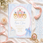 invitație aniversară "caleașca magică" – tematică cenușăreasa cu plic roz