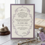 invitație banchetul absolvenților "ultima filă" – design elegant cu bordură ornamentală mov