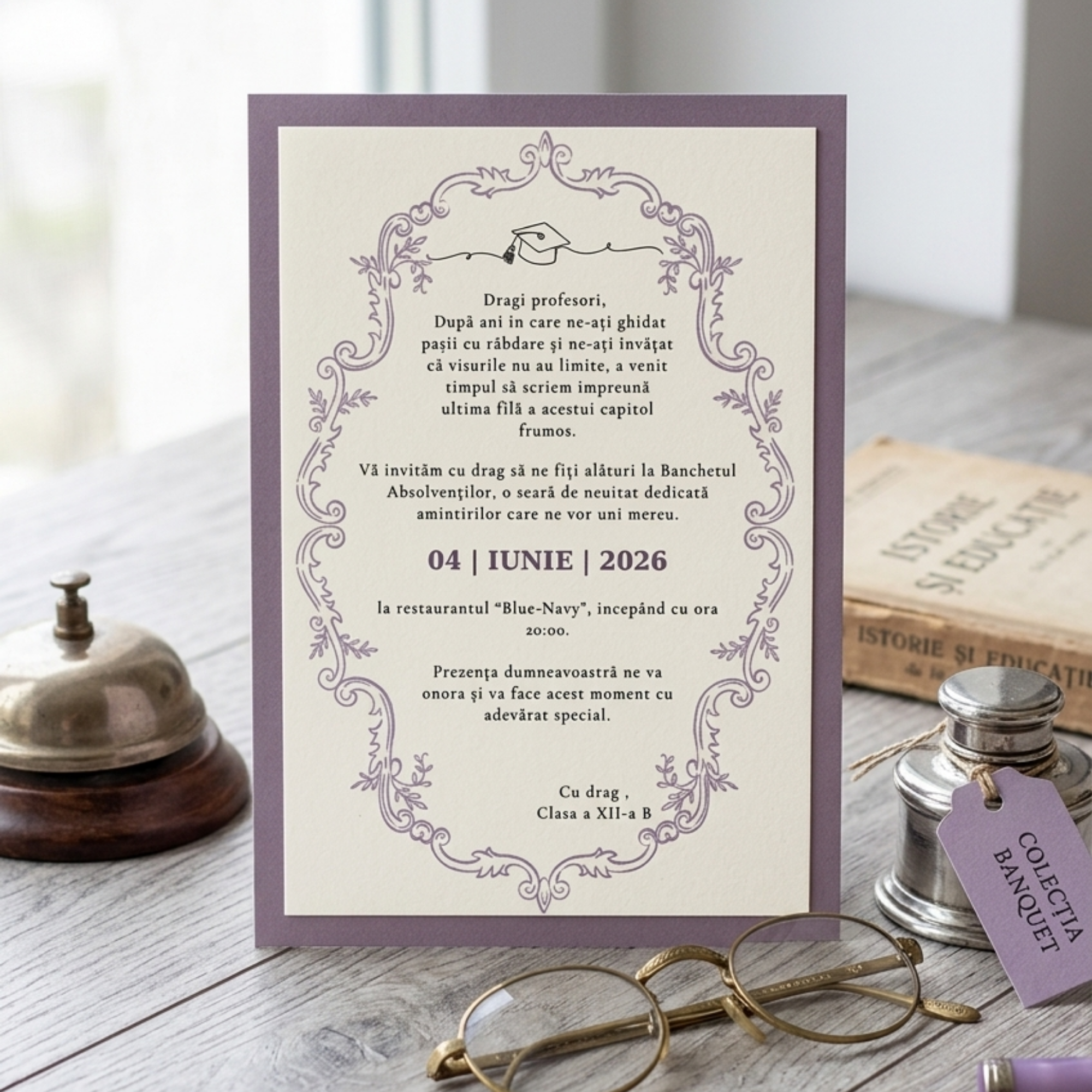 invitație banchetul absolvenților "ultima filă" – design elegant cu bordură ornamentală mov