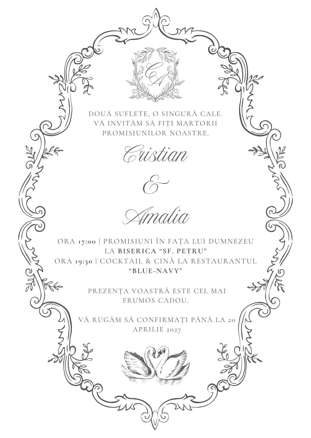 invitație de nuntă black & white cu sigiliu de ceară, fundă și flori naturale uscate dinviatata