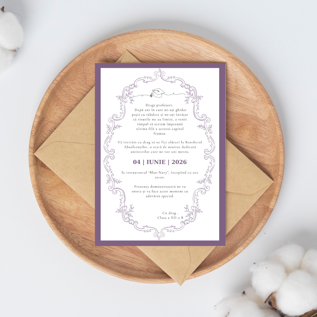 invitație banchetul absolvenților "ultima filă" – design elegant cu bordură ornamentală mov