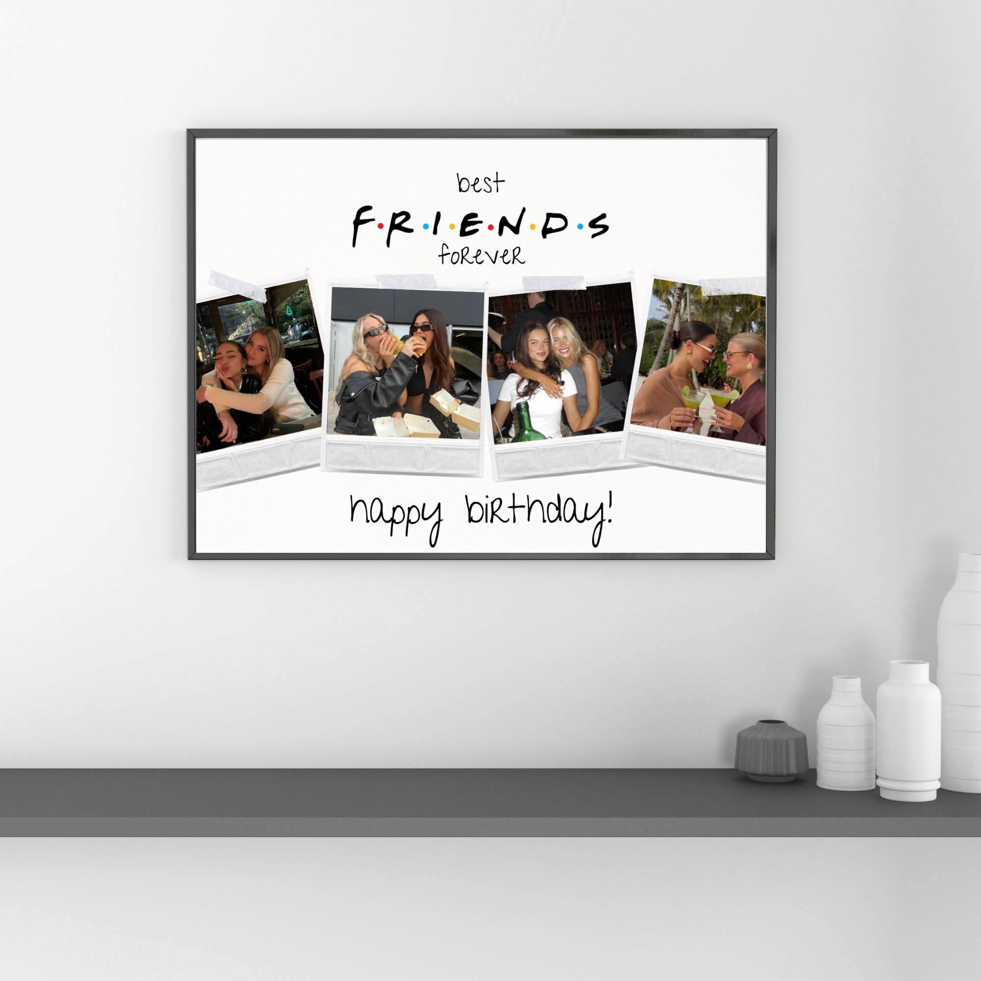 tablou personalizat "best friends forever" – colaj 4 fotografii tip polaroid și mesaj special