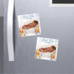 mărturie botez magnet 8x8 cm "winnie & prietenii" bleu – cu fotografie, carton suport și folie de protecție