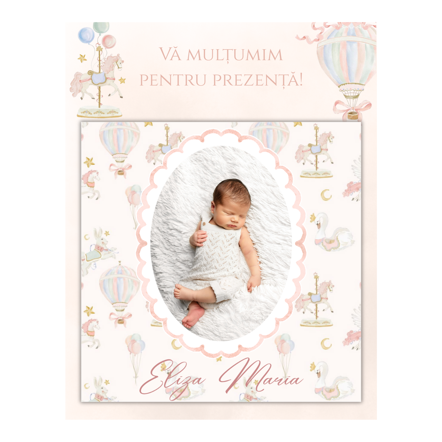 mărturie botez magnet 8x8 cm "carusel și baloane" – cu fotografie, carton suport și folie transparentă