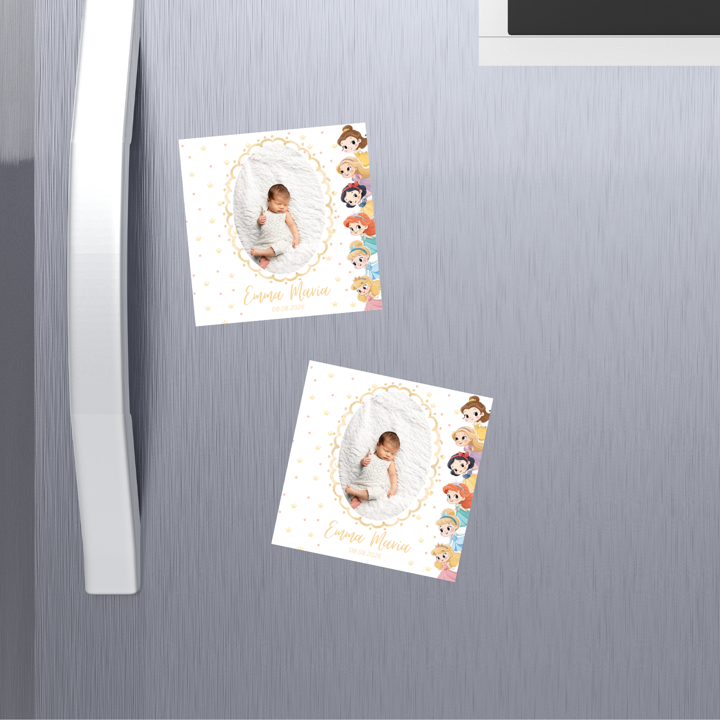 mărturie botez magnet 8x8 cm "prințesele disney" – cu fotografie, carton suport și folie transparentă
