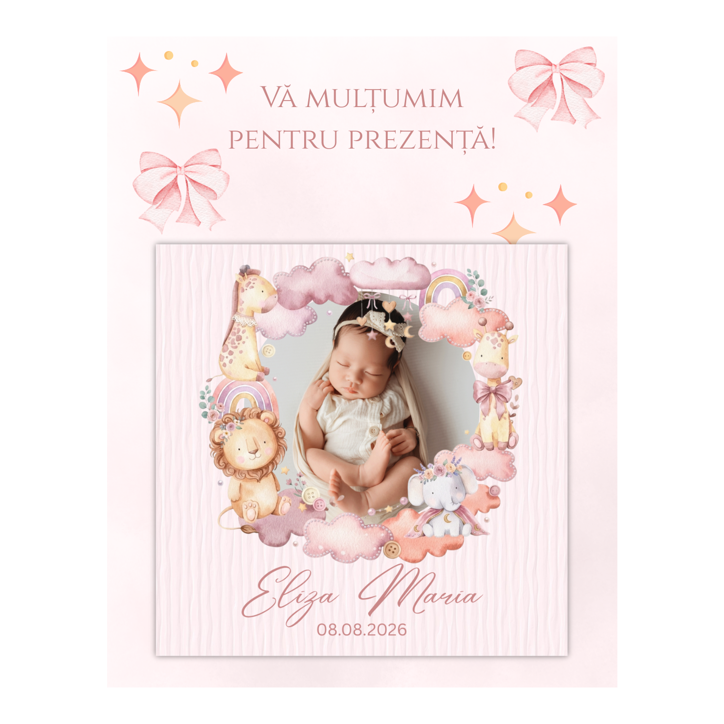 mărturie botez magnet 8x8 cm "safari roz de poveste" – cu fotografie, carton suport și folie transparentă