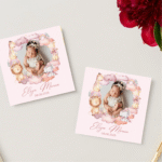 mărturie botez magnet 8x8 cm "safari roz de poveste" – cu fotografie, carton suport și folie transparentă