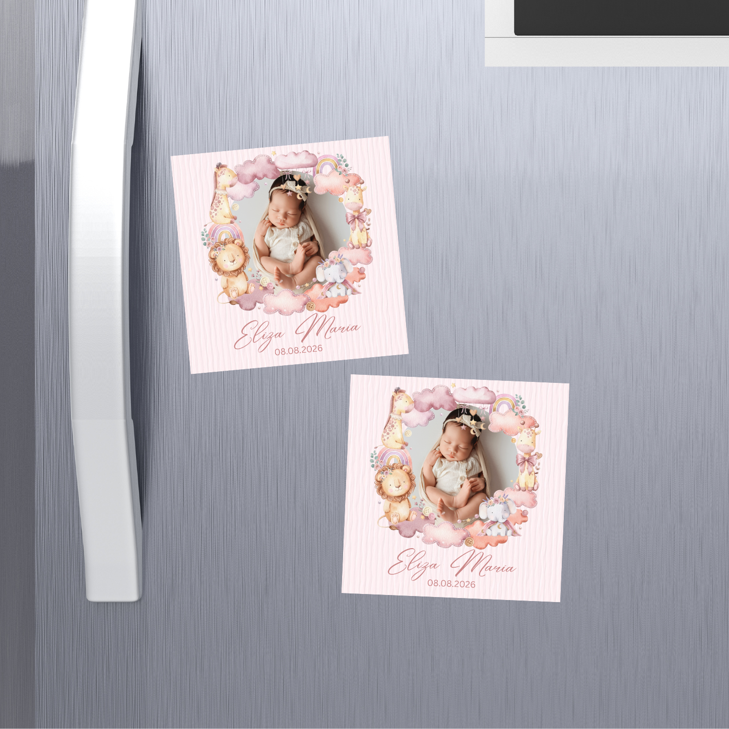 mărturie botez magnet 8x8 cm "safari roz de poveste" – cu fotografie, carton suport și folie transparentă
