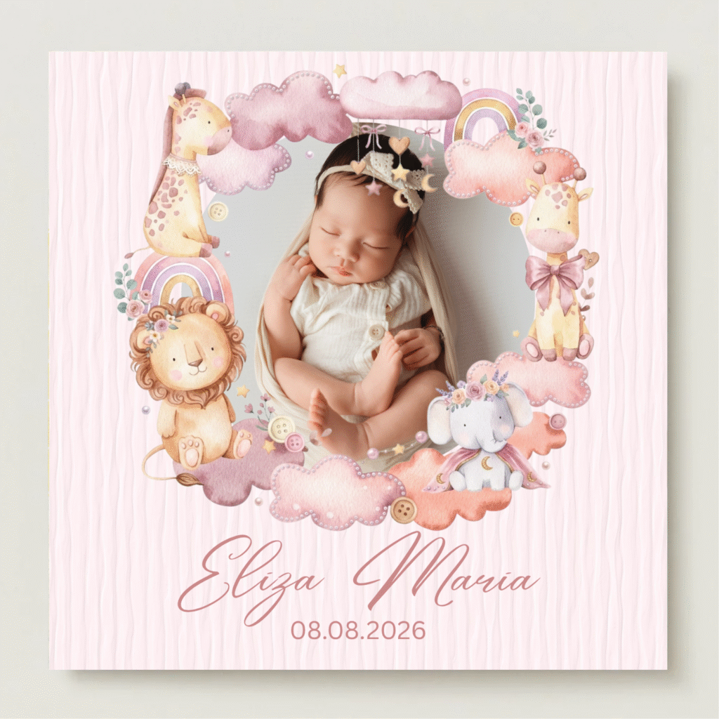 mărturie botez magnet 8x8 cm "safari roz de poveste" – cu fotografie, carton suport și folie transparentă