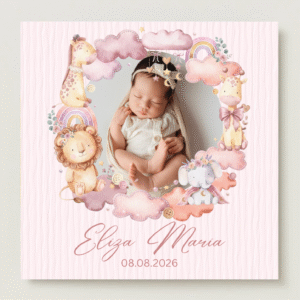 mărturie botez magnet 8x8 cm "safari roz de poveste" – cu fotografie, carton suport și folie transparentă