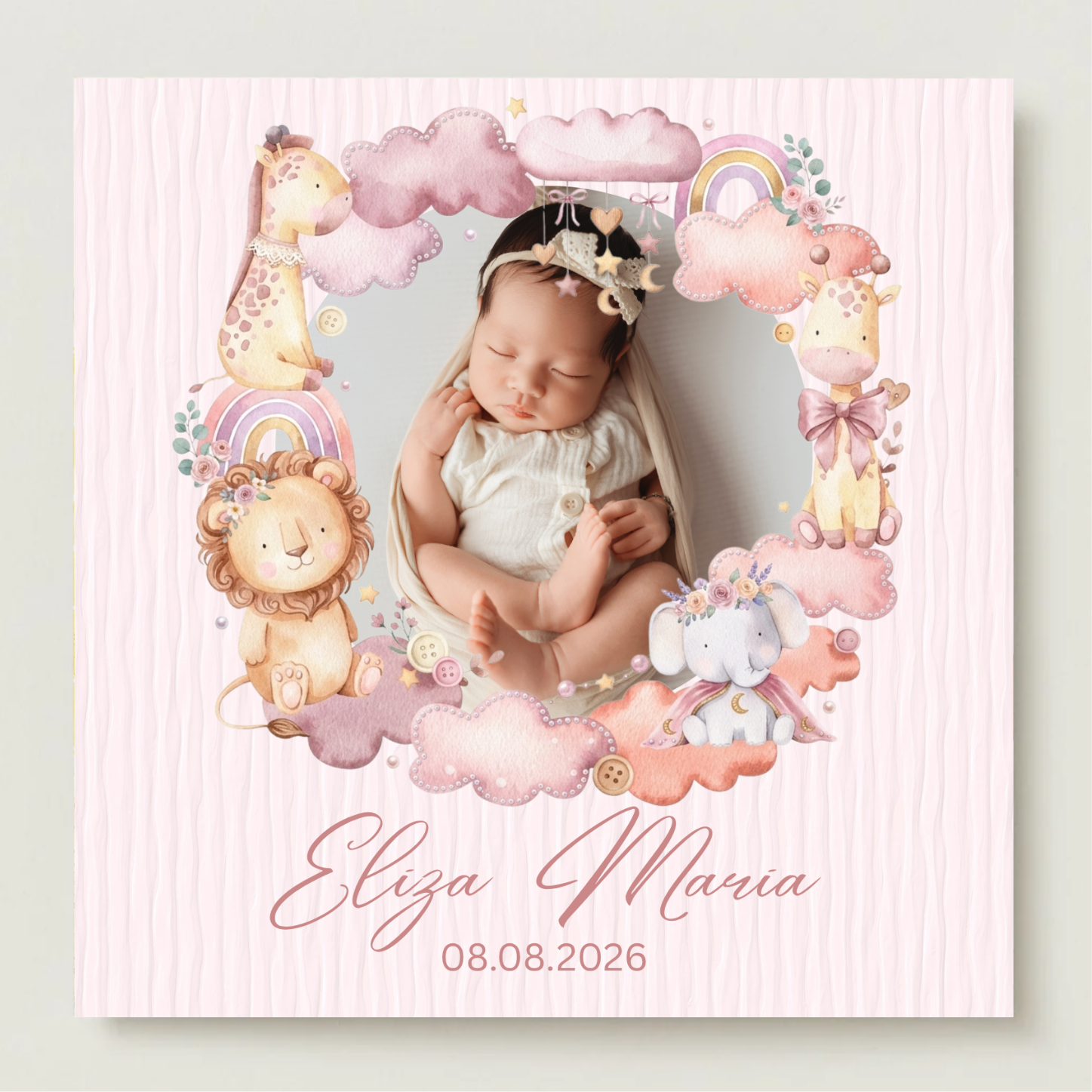 mărturie botez magnet 8x8 cm "safari roz de poveste" – cu fotografie, carton suport și folie transparentă