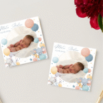 mărturie botez magnet 8x8 cm "baloane festive și animăluțe" – cu fotografie, carton suport și folie transparentă