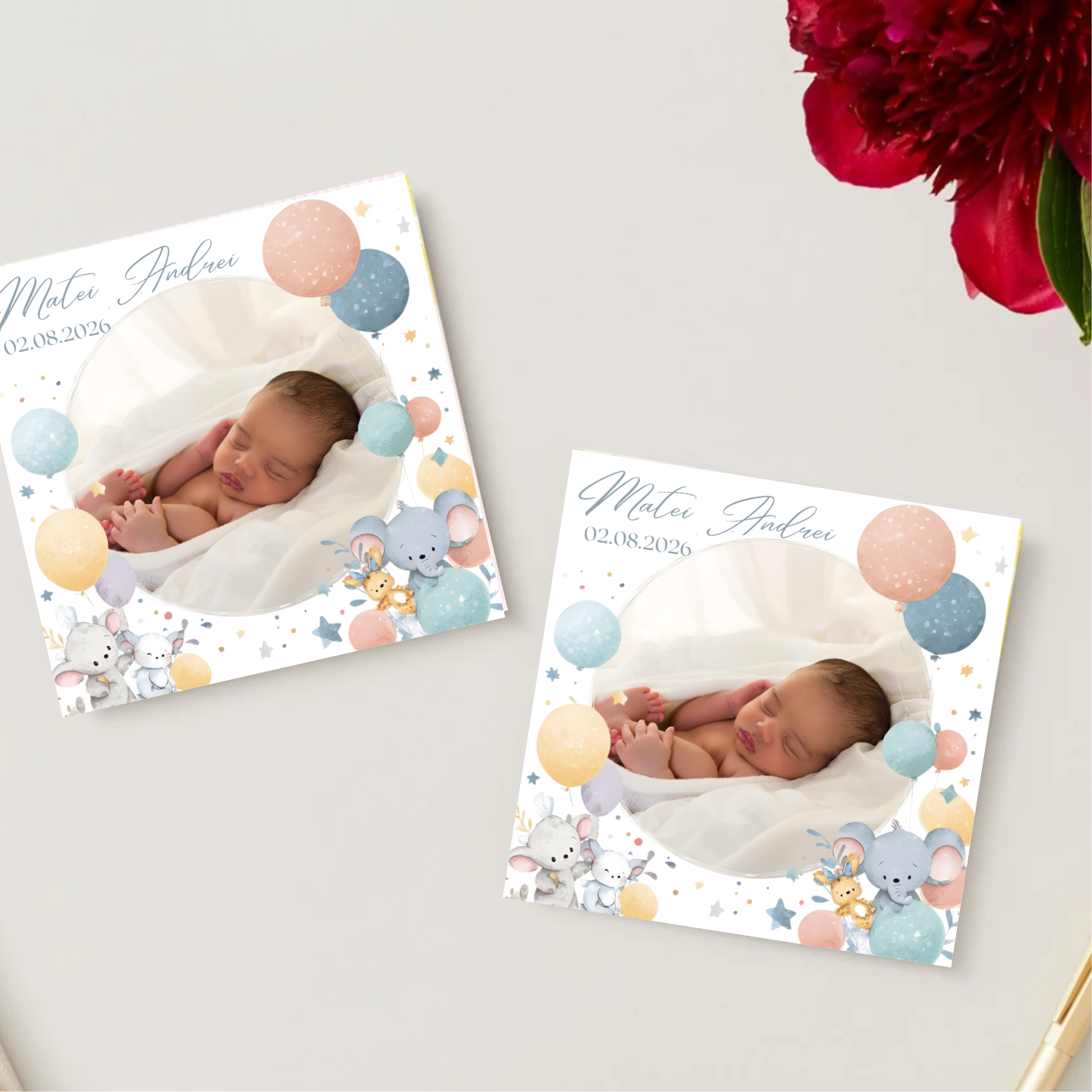mărturie botez magnet 8x8 cm "baloane festive și animăluțe" – cu fotografie, carton suport și folie transparentă