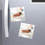 mărturie botez magnet 8x8 cm "baloane festive și animăluțe" – cu fotografie, carton suport și folie transparentă