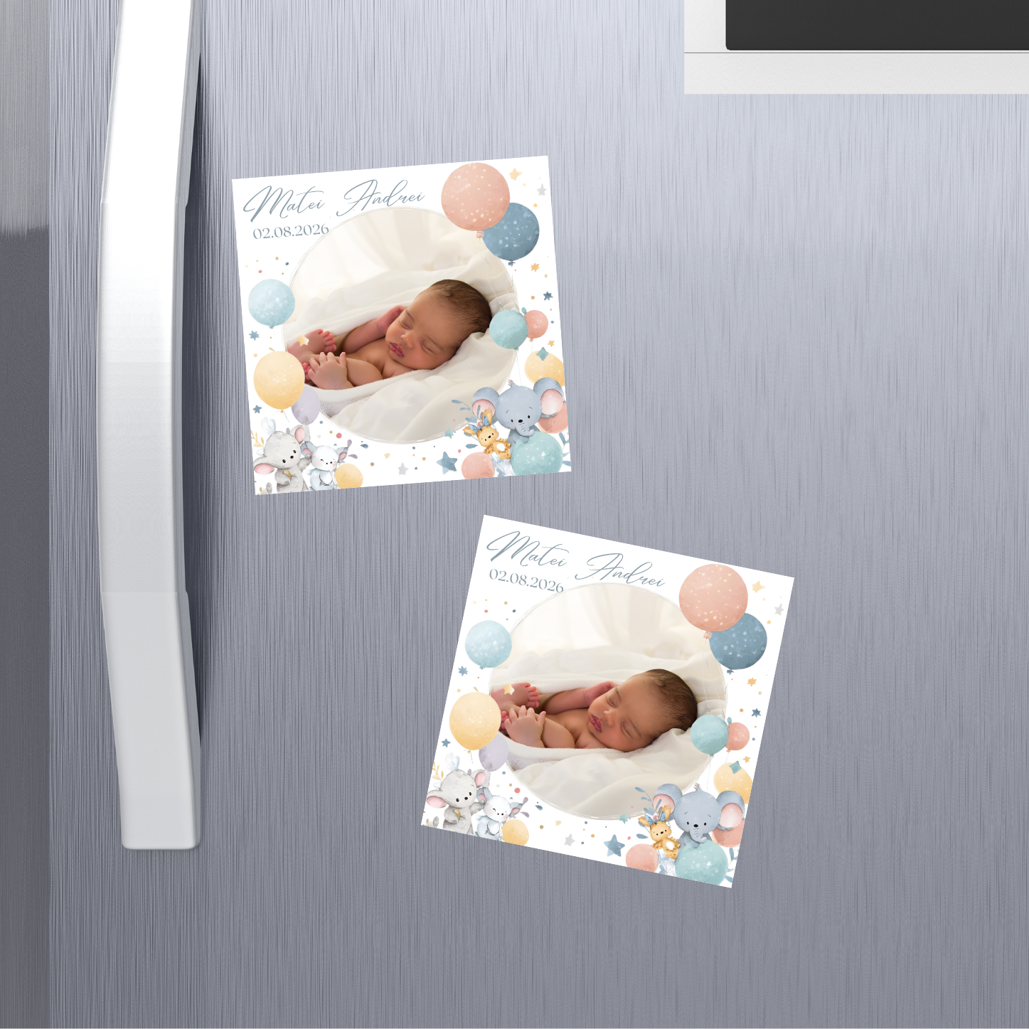 mărturie botez magnet 8x8 cm "baloane festive și animăluțe" – cu fotografie, carton suport și folie transparentă