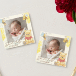mărturie botez magnet de frigider personalizat 8x8cm – model "winnie the pooh" cu fotografie, albinuțe și fagure
