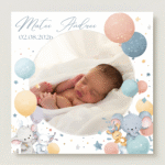 mărturie botez magnet 8x8 cm "baloane festive și animăluțe" – cu fotografie, carton suport și folie transparentă