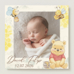 mărturie botez magnet de frigider personalizat – model "winnie the pooh" cu fotografie, albinuțe și fagure