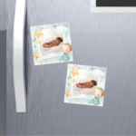 mărturie botez magnet 8x8 cm "micul prinț pe norișor" – cu fotografie, carton suport și folie transparentă