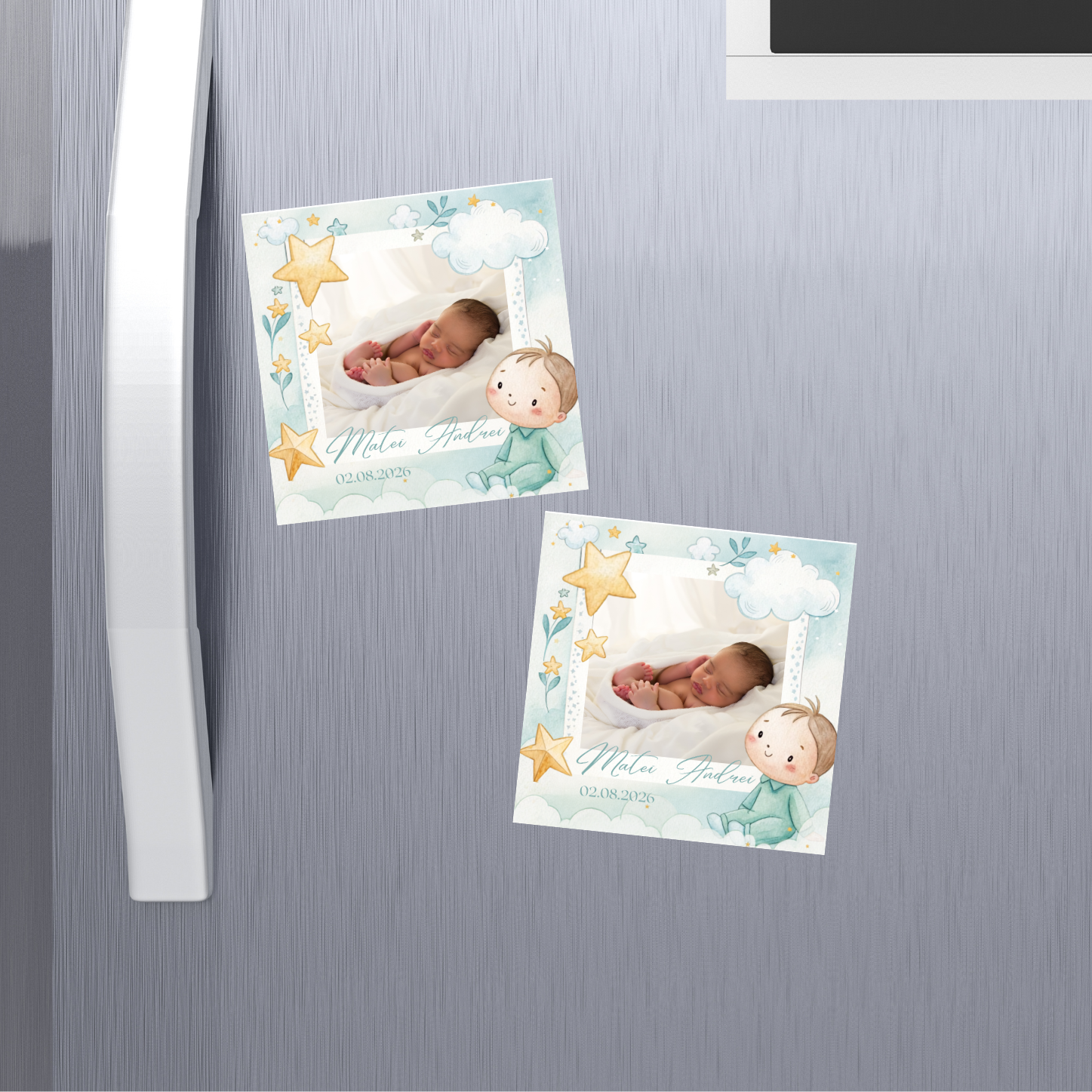 mărturie botez magnet 8x8 cm "micul prinț pe norișor" – cu fotografie, carton suport și folie transparentă