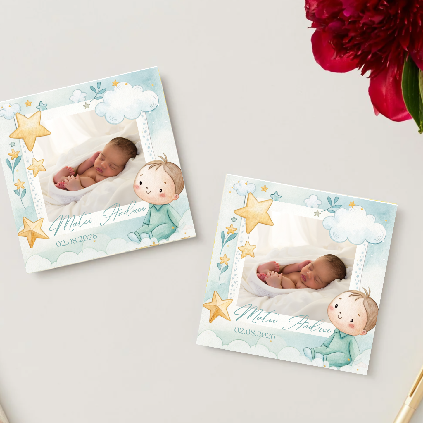 mărturie botez magnet 8x8 cm "micul prinț pe norișor" – cu fotografie, carton suport și folie transparentă