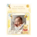 mărturie botez magnet de frigider personalizat 8x8cm – model "winnie the pooh" cu fotografie, albinuțe și fagure