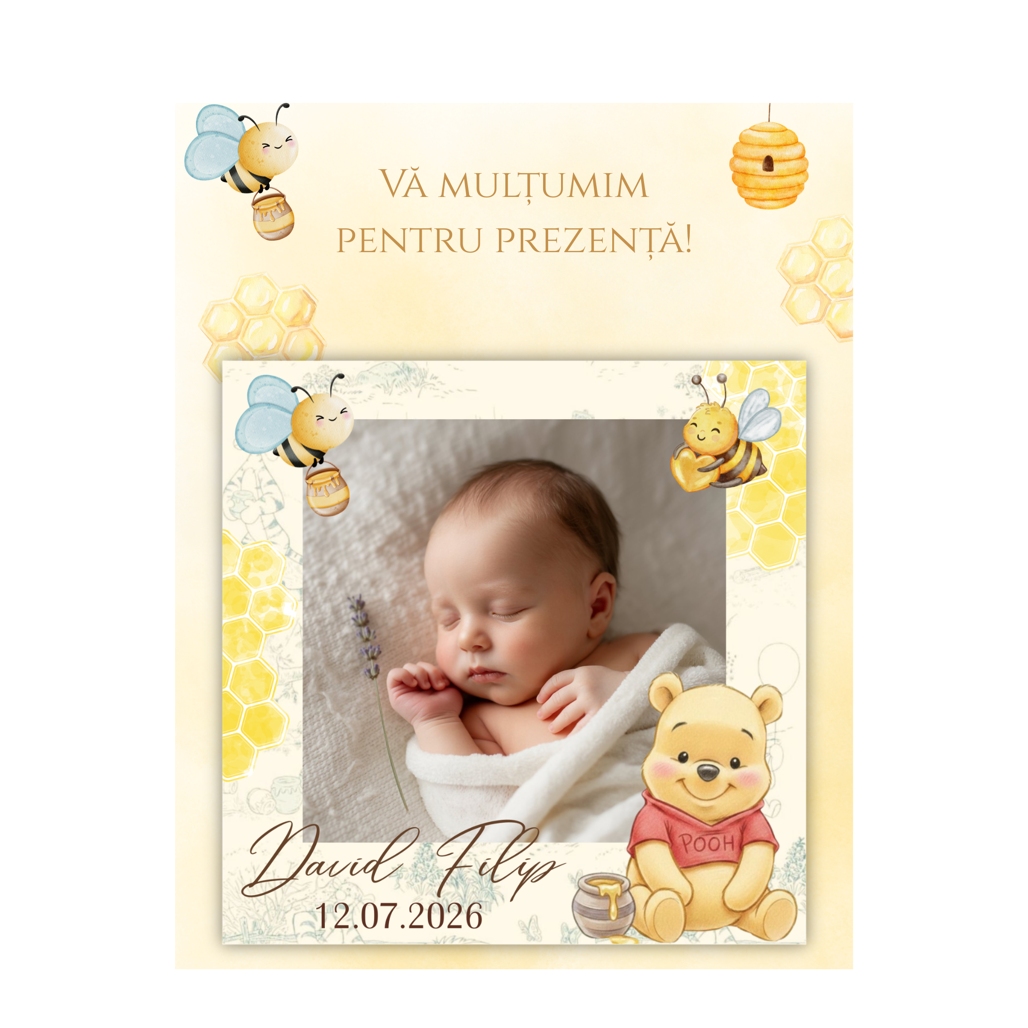 mărturie botez magnet de frigider personalizat 8x8cm – model "winnie the pooh" cu fotografie, albinuțe și fagure