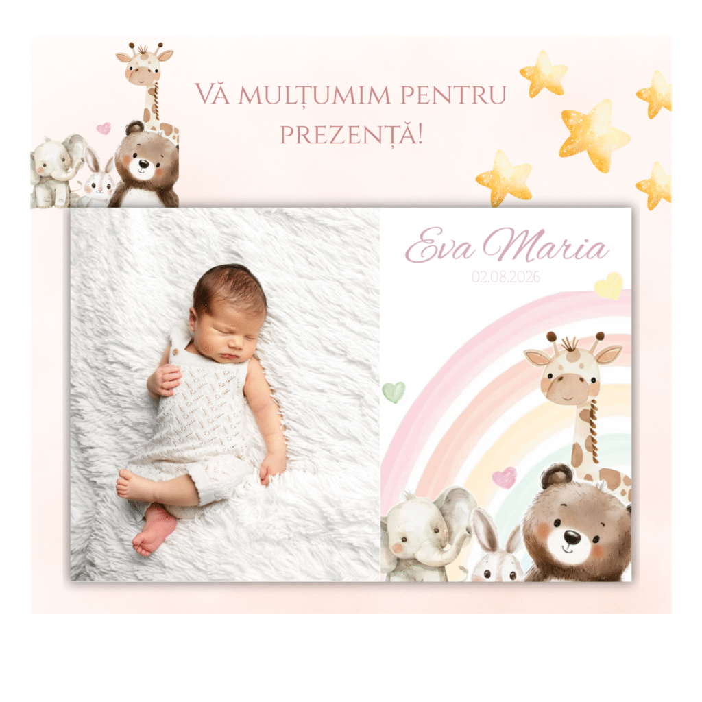 mărturie botez magnet 12x8 cm "curcubeul cu animăluțe" – format panoramic, cu carton suport și folie transparentă