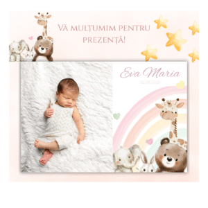 mărturie botez magnet 12x8 cm "curcubeul cu animăluțe" – format panoramic, cu carton suport și folie transparentă