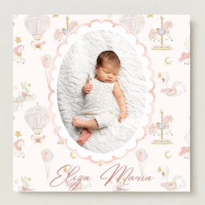 mărturie botez magnet 8x8 cm "carusel și baloane" – cu fotografie, carton suport și folie transparentă