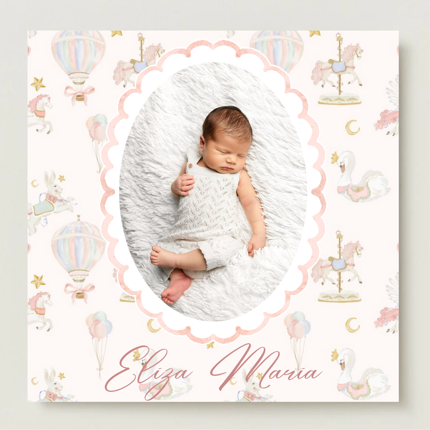 mărturie botez magnet 8x8 cm "carusel și baloane" – cu fotografie, carton suport și folie transparentă