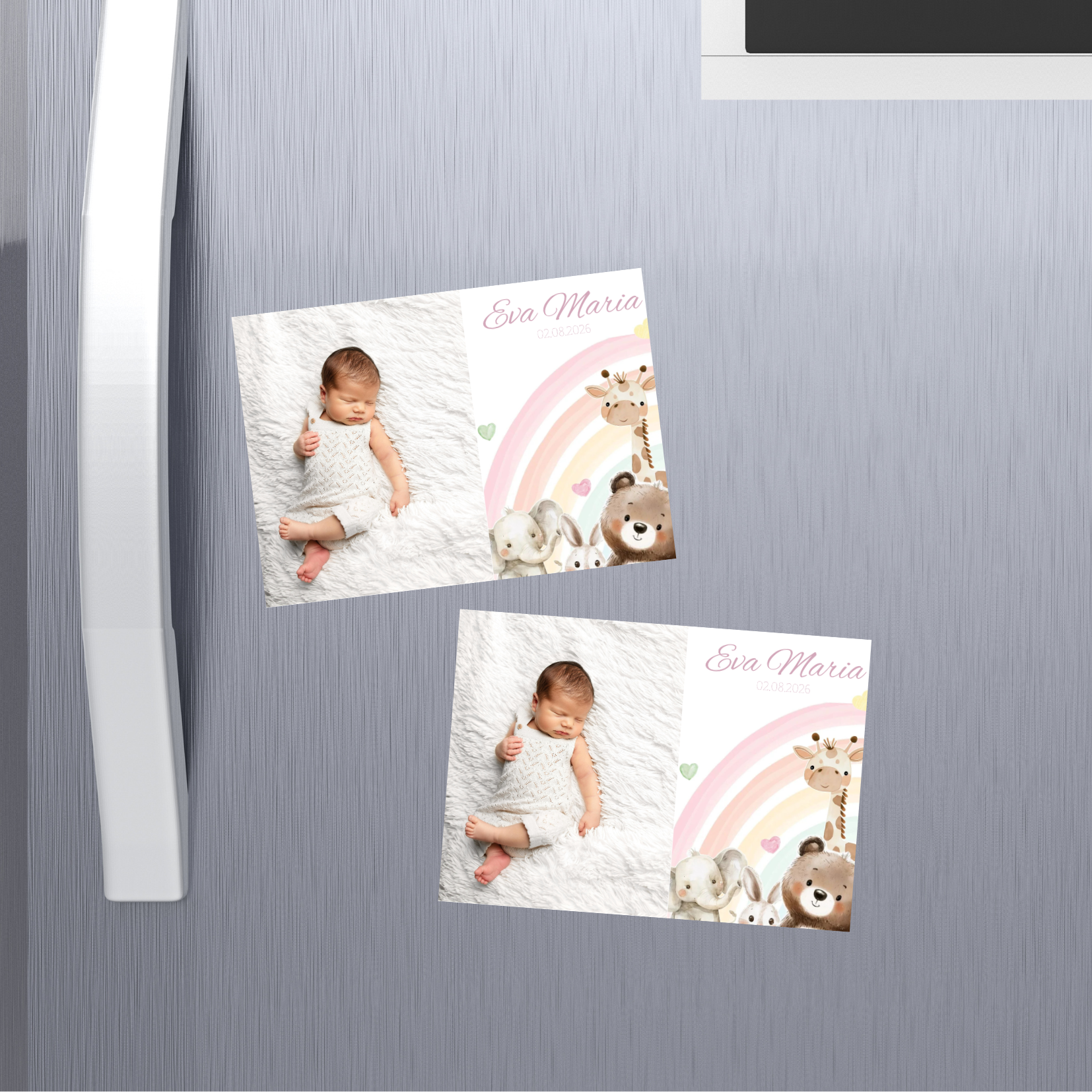 mărturie botez magnet 12x8 cm "curcubeul cu animăluțe" – format panoramic, cu carton suport și folie transparentă