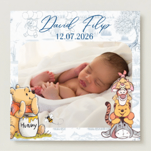 mărturie botez magnet 8x8 cm "winnie & prietenii" bleu – cu fotografie, carton suport și folie de protecție