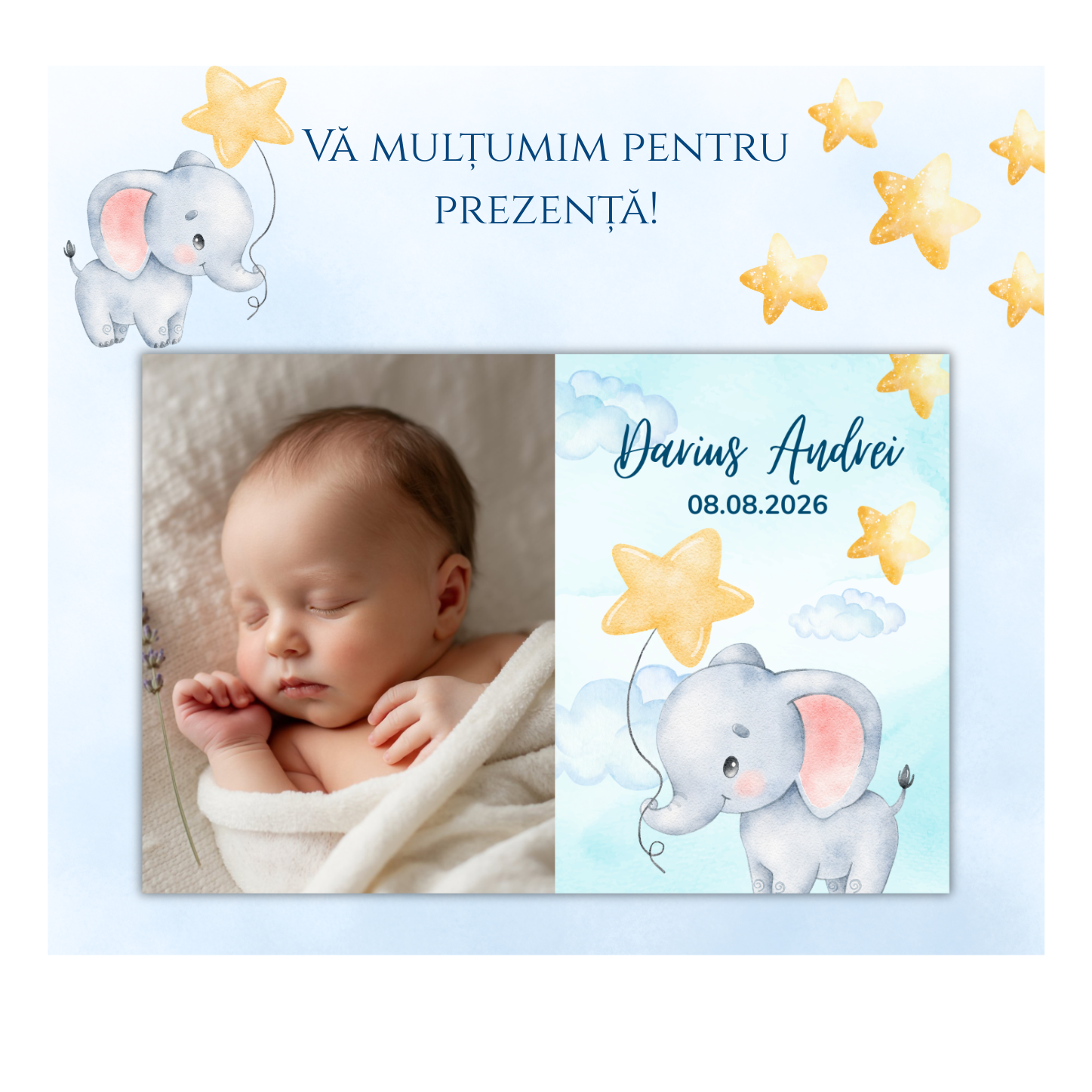 mărturie botez magnet 12x8 cm "elefănțelul cu steluțe" – format panoramic, cu carton suport și folie transparentă