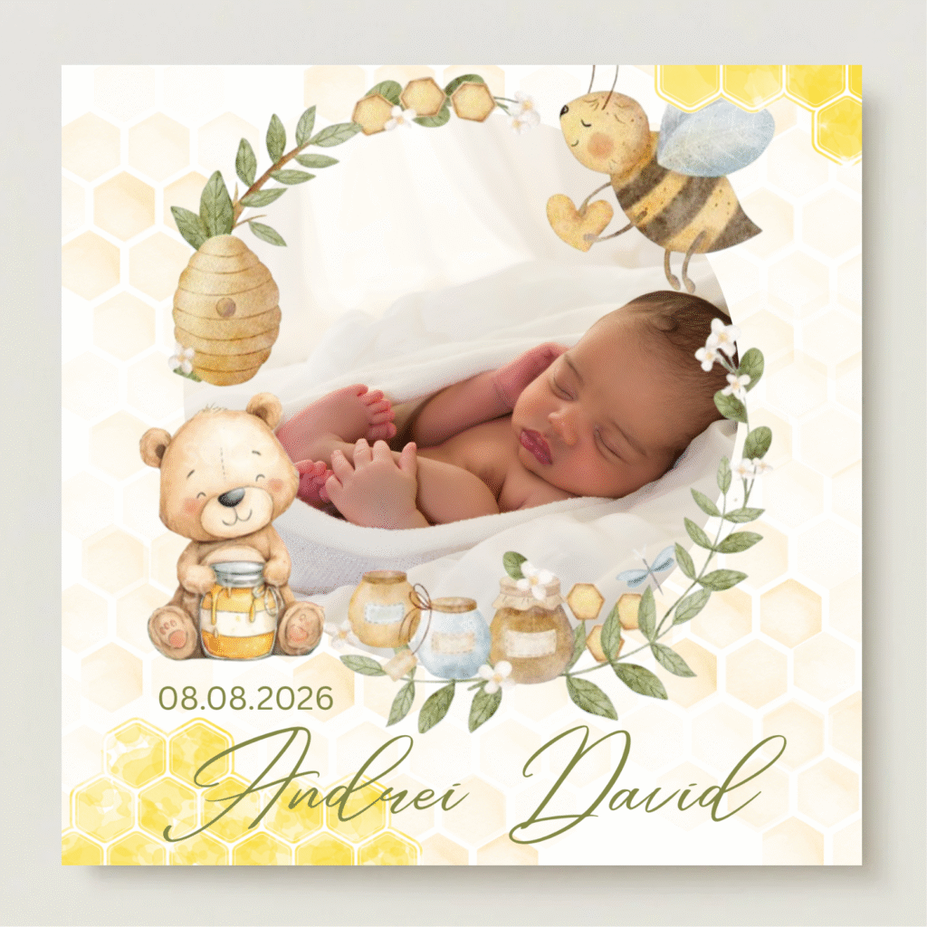 mărturie botez magnet 8x8 cm "ursulețul cu miere" – cu fotografie, carton suport și folie transparentă