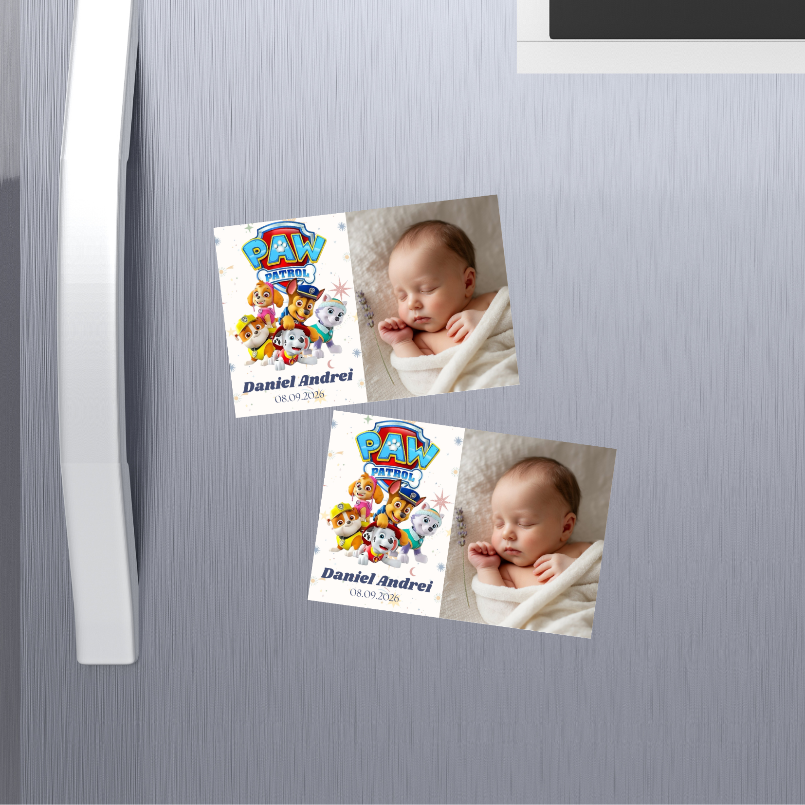 mărturie botez magnet 12x8 cm "patrula cățelușilor" – format panoramic, cu carton suport și folie transparentă