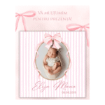 mărturie botez magnet 8x8 cm "fundița roz elegance" – cu fotografie, carton suport și folie transparentă