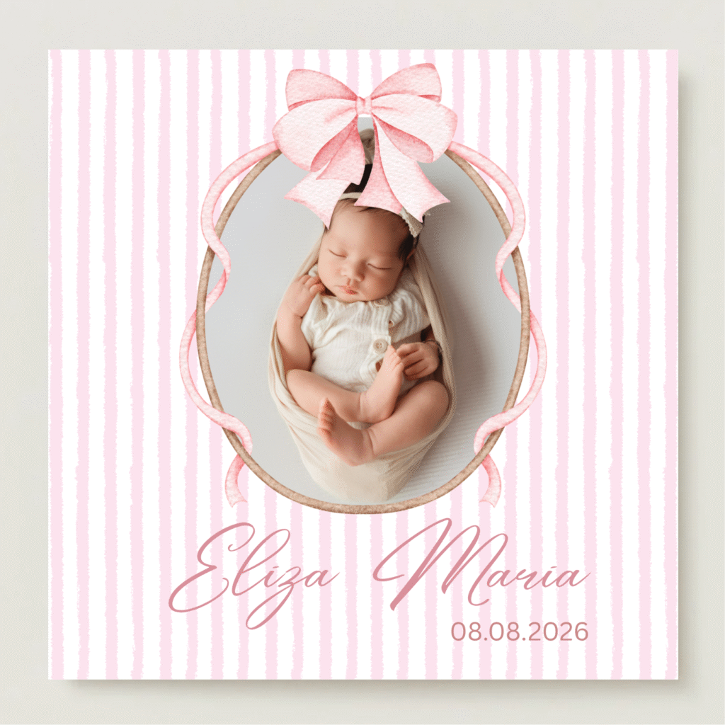 mărturie botez magnet 8x8 cm "fundița roz elegance" – cu fotografie, carton suport și folie transparentă