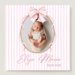 mărturie botez magnet 8x8 cm "fundița roz elegance" – cu fotografie, carton suport și folie transparentă